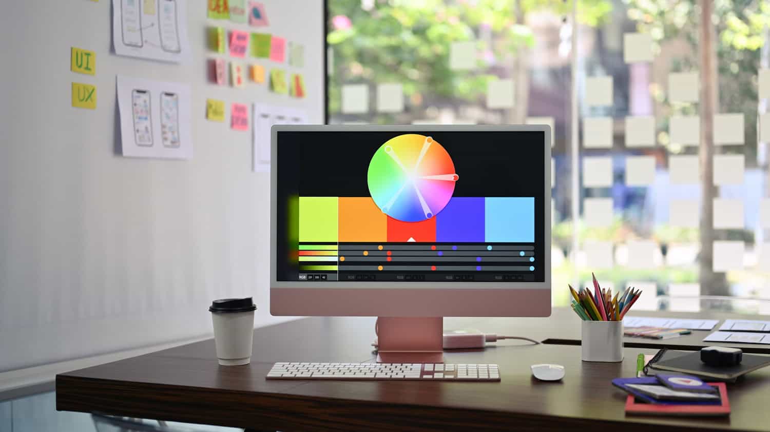 Designer working desk with modern computer, stationery and wireframe